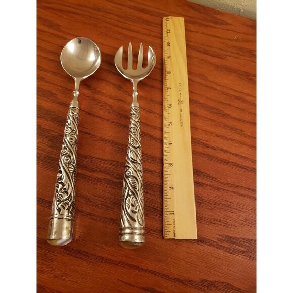 Salad Spoon and Fork Set Silver Tone Ornate Vintage with Marble Stone Ends - Picture 6 of 6